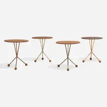 Albert Larsson, Occasional tables, set of four, 1952-53, walnut, teak, copper and brass-plated steel