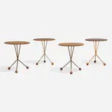Albert Larsson, Occasional tables, set of four, 1952-53, walnut, teak, copper and brass-plated steel
