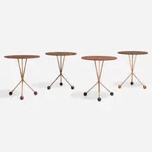 Albert Larsson, Occasional tables, set of four, 1952-53, mahogany, teak, walnut, copper-plated steel