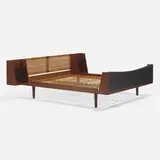 Hans J. Wegner, Full-size bed, model 701, c. 1960, teak, cane, glass, vinyl