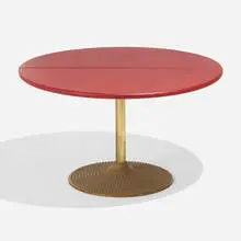 Ilmari Tapiovaara, Lukki 30 cafeteria table, 1956, brass-plated steel, brass, leather over wood