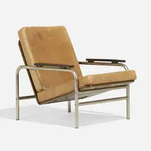 Lounge chair by Timo Tapiovaara, c. 1970, chrome-plated steel, plywood, leather, sold May 2024