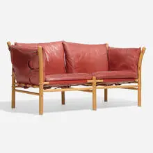 Illona settee by Arne Norell, beech, leather, fabric, sold May 2024