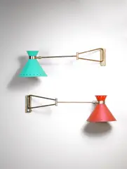 René Mathieu, A Pair of Wall Lamps, circa 1955, enamelled and pierced metal shades