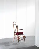 Tom Dixon, Plomber Chair, circa 1987, welded salvaged copper plumbing pipes with brass and chrome elements, upholstered seat, and adjustable spring loaded back
