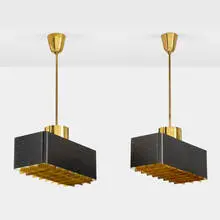 Paavo Tynell, Ceiling lamps model 9068, pair, c. 1950, enameled steel, brass, glass