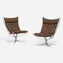 Sigurd Resell, Falcon chairs, pair, 1970, leather, chrome-plated steel, canvas