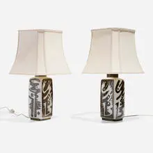 Orient table lamps model 8451, pair by Carl-Harry Stålhane, c. 1960, glazed stoneware, fabric shade, sold May 2024