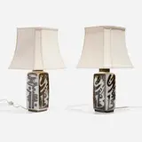 Carl-Harry Stålhane, Orient table lamps model 8451, pair, c. 1960, glazed stoneware, fabric shade