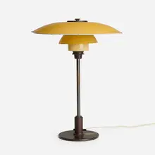 PH 3 1/2 / 2 table lamp by Poul Henningsen, patinated brass and steel, lacquered zinc, opal glass, Bakelite, sold May 2024