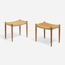 Stools model 78A, pair by Niels O. Møller, c. 1965, teak, paper cord, sold May 2024