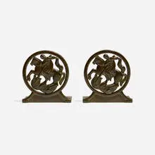 Bookends, pair by Just Andersen, c. 1940, patinated Disko metal, sold May 2024