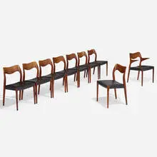 Niels O. Møller, Dining chairs model 71, set of nine, 1951, rosewood, leather