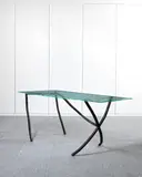 Dining Table by Danny Lane for Danny Lane Studios, circa 1986, acid etched, hammer chipped and polished glass, on welded wrought iron base, sold Apr 2016