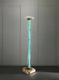 Danny Lane, for Danny Lane Studios, circa 1995, Portland stone, hammer chipped float glass, sandblasted flame cut steel, frosted glass