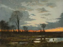 Sonnenuntergang am Waldrand by Weimar, um 1870, Öl auf Leinwand auf Pappe, sold Jun 2016