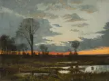 Weimar, um 1870, Sonnenuntergang am Waldrand, Öl auf Leinwand auf Pappe