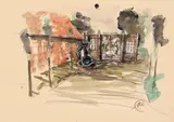 Markus Lüpertz, Ohne Titel (Museumsvorplatz). 1970er Jahre, Aquarell, Farbkreide und Tusche auf Papier