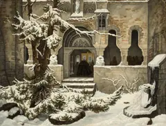 Jacob Gensler, Klosterhof im Schnee. Nach 1829, Öl auf Pappe