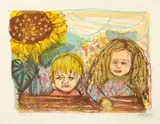 Otto Dix, Zwei Kinder (mit Sonnenblume), 1966, Farblithographie auf Van Gelder-Bütten