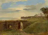 Théodore Gudin, Küstenlandschaft mit Befestigungen, Öl auf Papier auf Holz