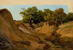 Landschaft mit Betenden an einem Kreuz (Studie) by Karl Friedrich Lessing, Öl auf Bütten auf Holz, sold Jun 2016