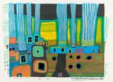 Ruhige Dampfer by Friedensreich Hundertwasser, 1994, Farbserigraphie, Photolithographie und Metallprägung auf leichtem Fabriano-Karton, sold Nov 2015
