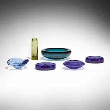 Collection of six tabletop articles by Holmegaard, c. 1955, glass, sold May 2024