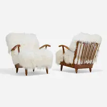 Svante Skogh, Lounge chairs, pair, c. 1945, beech, faux sheepskin