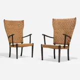 Fritz Hansen, Highback armchairs, pair, c. 1945, stained birch, jute