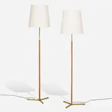 Jo Hammerborg, Floor lamps, pair, c. 1950, brass, linen, leather