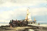 Johannes Hermanus Barend Koekkoek, Fisherfolk on the shore, oil on canvas