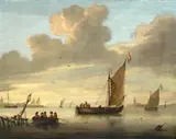 Dutch shipping in calm waters by Dutch School, oil on canvas, sold Apr 2016