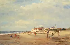 Roy Petley, A summer day at the beach, oil on board