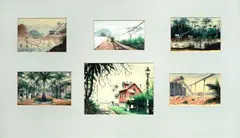 West African mines by Felix Kelly, six framed as one, all oil on card, offered Apr 2016