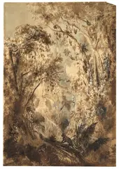 Albert Berg, Tropenwald bei Quindiu in den Anden, 1849, Aquarell in Braun und Blau sowie Pinsel in Schwarz, mit Deckweiß gehöht, auf genarbtem Papier