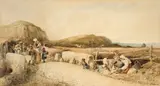 Viktor Paul Mohn, Landleute an einer Straße in Italien, 1878, Aquarell und Deckweiß über Bleistift auf Papier, auf Karton aufgezogen