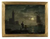 Deutsch, um 1830, Hafen bei Nacht, Öl auf Metall