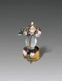 Bronze, feuervergoldet; Gold, Email, Perlmutt, Barockperlen, 3- bis 4fach geschliffene Diamantsplitter, Saphir by Ein Frankfurter Juwelier, 5 cm (2 in.), sold May 2014