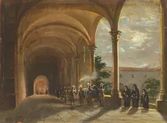Franz Ludwig Catel, Klostergang mit Trauerzug am Abend, Öl auf Papier
