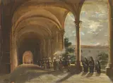 Franz Ludwig Catel, Klostergang mit Trauerzug am Abend, Öl auf Papier
