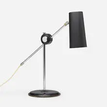 Table lamp, model 781B by Anders Pehrson, c. 1964, enameled aluminum, chrome-plated steel, leather, sold May 2024
