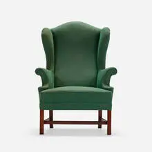 Wingback armchair by Frits Henningsen, c. 1940, wool upholstery, mahogany, sold Apr 2024