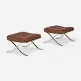 Barcelona ottomans, pair by Ludwig Mies van der Rohe, stainless steel, leather, sold Apr 2024