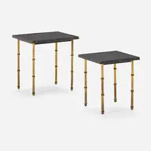 attribution Jacques Adnet, Nesting tables, pair, c. 1955, saddle-stitched leather over iron, brass, Masonite