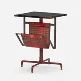 Jacques Adnet, Occasional table, c. 1955, saddle-stitched leather over iron and wood, brass, upholstery