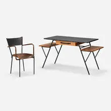 attribution Jacques Adnet, Desk and chair, c.1955, saddle-stitched leather over iron, painted iron, oak, brass