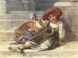 Guido Bach, The flower girl, watercolour heightened with white
