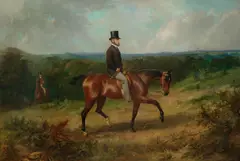George Earl, A Gentleman on a bay hunter in a woodland landscape, oil on canvas