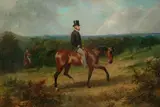 George Earl, A Gentleman on a bay hunter in a woodland landscape, oil on canvas